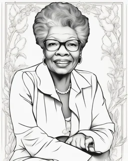 Outline art for coloring pages with MAYA ANGELOU , white background, sketch style, only use black outline, white background, no shadows and well and clear outline , white background, sketch style, only use black outline, white background, no shadows and well and clear outline