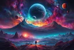 Starry galaxy as a breathing canvas, dark moon amidst nebula gases, intermingling galaxies, miniature planets, stelliferous space dust, comets hurtling through the void, multicolor spectrum, inspired by Beeple, Noah Bradley, Cyril Rolando, Ross Tran, reminiscent of trends on ArtStation and CGSociety, evokes the ominous beauty of H.R. Giger and Beksinski's works, offering an intricate artwork masterpiece in the format of a matte painting