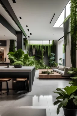 condominio minimalista de lujo inspirado en la cultura mexica con vegetación y una cascada y muchas personas