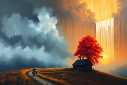 A cinematic atmospheric oil painting landscape dramatically split between cool misty blue-gray tones on the left and warm golden-orange sunset hues on the right. A vibrant red tree blazes like flames against the dramatic sky on the right side. Cascading vertical color streaks create a surreal waterfall effect throughout the composition. Two human figures a man and a woman and a dog walk intimately side-by-side along a winding path in the foreground. A rustic wooden cabin sits