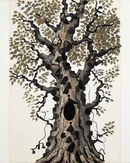 Abstract primitive tree composed of organic bark and leaf textures, fragmented into interlocking sections of varying magnification (macro veins, branch close-ups, distant silhouettes), all fused with no boundaries; rough charcoal, angular limbs and leaves, each section using distinct hatching densities and mark systems, high-contrast black on white, naive cubist/raw sketch style, continuous bleeding collage, square frame, edge-to-edge. Colored in rich but soft earth tones with the blacks preser