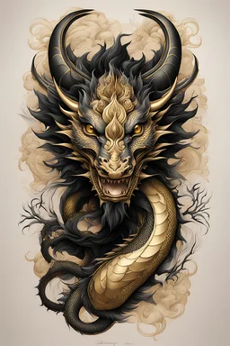 Create a captivating modern 2d black and gold ink tattoo design for print , prestigious perfect Huku Dragon using the elegant influences of japan art style, for print, dynamic elements from fashion and design, and bold Japanese contemporary art aesthetics, framing centered in the center, distanced from the edges of the paper perimeter, perfect anatomy, bauhaus, Divine Proportion,