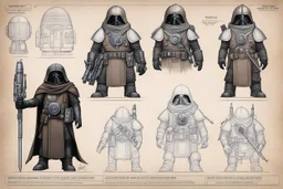 ConceptSheet blueprint [Jawa dwarf by Hans Ruedi Giger]: Star Wars Jawas aligned EDC unpacked equipment for the dunes and trade
