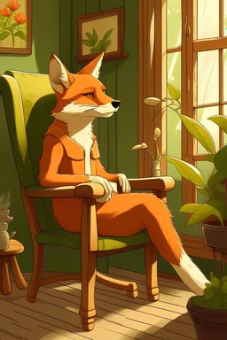 a human fox sit in a chair, at a house, ghibli style