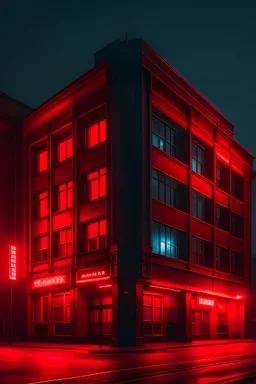 Dimly lit misty building with red neon lights