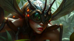 JUNGLE BIOCYBERNETIC INSECT, highly detailed character in digital fantasy, painted portrait, artstation, concept art, hard focus, illustrations, works by Artgerm and Greg Rutkowski, Alphonse Mucha and Craig Mullins,