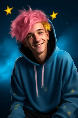 An androgynous young man with tousled pink hair and golden eyes floating among the stars wearing a light blue hoodie and black board shorts. He is smiling softly and holding a star in one hand.