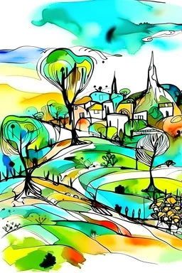 watercolor ,landscape, detailed, colorize, white background, in the style of Pablo Picasso