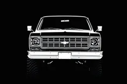 front corner 1973 Chevrolet square body truck 4x4 facing a little to the left, dark gray background, high contrast black and white vector