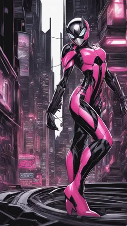 A close picture to Mix between gwenpool and symbiote, symbiote venom with transformers, high details machine, pink and black custom, intricate details, highly detailedin in solo leveling shadow art style