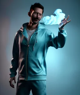 Realistic image, waist up view, a guy making the fuck off gesture with his hand, blue smoke coming out of his nose and mouth, happy. Latex cloth, inflatable hoodie, soft color, highly detailed, unreal engine 5, ray tracing, RTX, lumen lighting, ultra detail, volumetric lighting, 3d, finely drawn, high definition, high resolution.