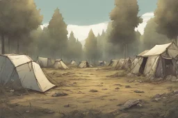 campsite, tents, overgrown, post-apocalyptic, comic book, forest, cinematic, panoramic