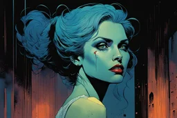 create a hardened, vampire girl, finely defined facial features, tending bar in a seedy Soho jazz club, in the comic book art style of Mike Mignola, Bill Sienkiewicz and Jean Giraud Moebius, , highly detailed, grainy, gritty textures, , dramatic natural lighting