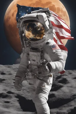 "Generate an awe-inspiring 8K realist image depicting an astronaut triumphantly planting a Bitcoin flag on the lunar surface. The cosmic backdrop should be a chaotic yet mesmerizing scene, replacing traditional stars with various cryptocurrencies. Envision shooting stars as dynamic market movements, while trading charts and pips seamlessly integrate into the background, forming a visually stunning representation of the crypto universe's conquest of the moon."