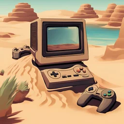 console Mega drive géante abandonner et dàtruite dans le dessert a moitié enterré dans le sable, ambiance retro
