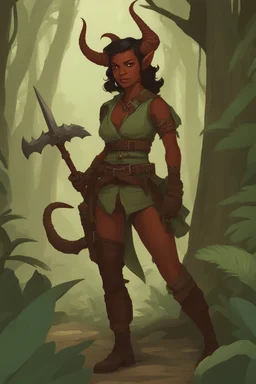 A DnD character. A female horned Tiefling ranger in a jungle. The Tiefling has a little dinosaur on her shoulder and a rapier in her hand.