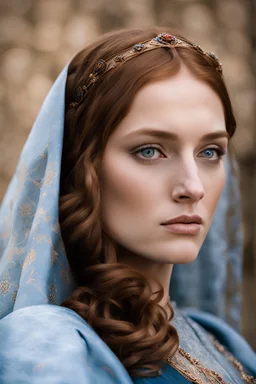 realistic Documentary photography, film grain, cinematic footage of a beautiful medieval woman. She has long copper-brown hair, round blue eyes, high cheekbones and a small mouth. She wears a deep blue medieval gown made of opulent fabrics and lovely embroidery. hyper details 85 mm lens, medieval and renaissance,realistic skin pores, realistic hair shadows, ((perfectly detailed realistic hair texture: 1.1)), dof, high res, real life, dslr.