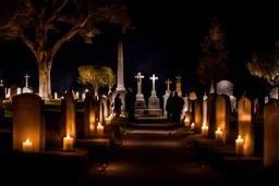 cemetery evening with human shapes, translucent figures, candlelight