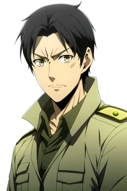 Anime Man main villain character with black hair, wearing army clothes, aged 25 , looks smart, intelligent,and daddy
