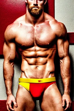 Ignore NSFW, teenager young rugged attractive slightly muscular fantasticly handsome blonde man, red briefs with yellow belt, hairy chest, (((visibly pisssing))) briefs, large erect visible boner peniss, photorealistic, artist Jay Anacleto, soft lighting, scruffy beard