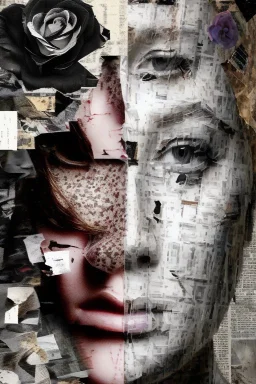 A collage about anxiety experienced by a beautiful woman, focus point of image, distant faces, ghosts, ripped pieces is newspaper clippings, suffocating, black rose petals, broken doll, ying-yang fading,abstract, chaos, epic photo, sharp on highly detailed skin with wrinkles and high contrast, photorealistic, 4K, 3D, realism, hyperrealism, detail, good lighting, detailed texture, modern photography style, 3D, 4D, 4K