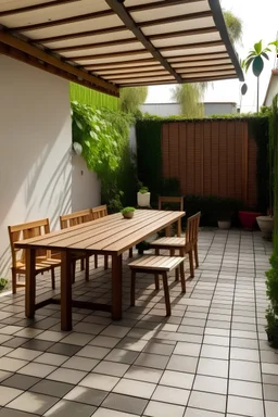 Terraza minimalista, con tonalidades calidas, un pergolado, paredes lisas, piso con acabado estetico, sin pasto y amueblado con una sala, comedor y un asador