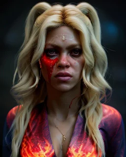 portrait, Shakira, blonde artist, angry, Realistic image, MMA robe, hoodie, mma gloves, band aid, loose long hair, eyes make up, line gold make up, glow, circle iris. moisture sweat, fog, Neon colors, leds. Dark background, photo studio, concept art, smooth, unreal engine 5, god lights, ray tracing, RTX, lumen lighting, ultra detail, volumetric lighting, 3d, finely drawn, high definition, 4k.