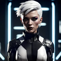 white haired futuristic assassin, short hairstyle with sides shaved, dark eyeshadow, black lipstick, black bodysuit, relaxed confident powerful intense, Unreal Engine rendering, 8k, video game character