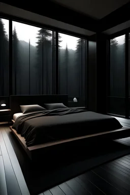 bedroom, minimalism, black and dark wood, modern, big window overlooking the dark forest, rain, cozy big bed, no lights, night,
