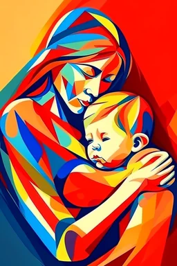 Mother holds her son , abstract style