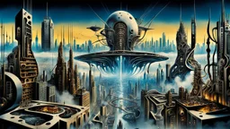 a stunningly weird image of a futuristic metropolis using Salvador Dali's paranoiac-critical method, where buildings and structures appear to melt into the skyline cityscape is filled with floating mad, twisted sharp metal shapes that interact with the buildings and each other, forming a surreal tableau of a dreamlike reality. neu-steampunk vibe, essence of the scene in a cinematic manner, with dramatic shadows that enhance the distorted perspectives and bizarre
