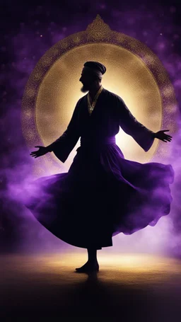 Hyper Realistic Photographic Full Shot View Of Silhouette Of Male Sufi Whirling with Black, & Purple Islamic Sufi Rustic Grunge Background with golden crystals & fog around at night.