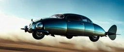 a high definition screen shot of a jet-fighter vw-beetle, retrofuturistic, phototrealism, in flight, one subject,