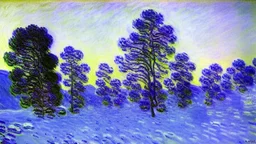 Big rocks, trees, clouds, winter, claude monet impressionism painting