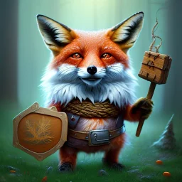 upper body of cute tall fox wizard with big eyes holding dwarf miner gear , wood and rope bridge in magical forest, spray painting, autumn foliage frame, fantasy art , sun, movie poster, Realistic photography, incredibly detailed, ultra high resolution, 8k, complex 3d render, cinema 4d, color corrected