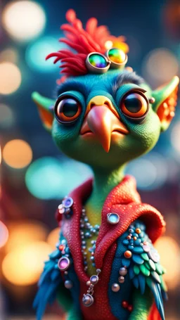 twisted rock star alien gremlin parrot pimp actress in heaven,bokeh like f/0.8, tilt-shift lens 8k, high detail, smooth render, down-light, unreal engine, prize winning