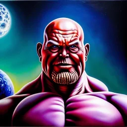 Ultra detailed fullbody Portrait in oil on canvas of master roshi merges with Thanos ,extremely detailed digital painting,extremely detailed face,crystal clear Big eyes, mystical colors ,perfectly centered image, perfect composition, rim light, beautiful lighting,masterpiece,8k, stunning scene, raytracing, anatomically correct, in the style of robert e howard and InHyuk Lee and Ohrai Noriyoshi and Simon Bisley and Wizyakuza.