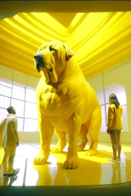 humans obey front of the huge yellow-white big dog, myistic atmhosphare. Realistic, render, 4k