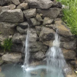 waterfall with river, stones, rich detail, on rock pillar, lake in front, hogwarts, mist, lumen reflection, shitzu dog