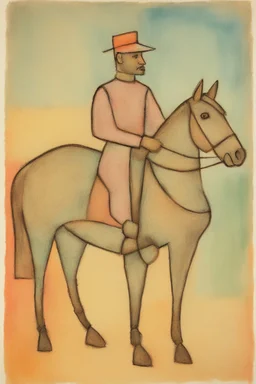 Man on horseback in the style of Paul Klee, Degas, pastel chalk with thin sketchy lines, vibrant colours, ink transfer