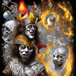 Bouffon du roi. chapeau de bouffon noir jaune rouge. Policier. Jongle avec quilles en feu. iron maiden