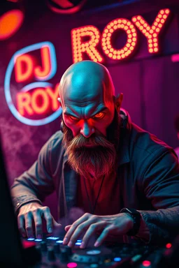 An "angry DJ" performing at dance club, his name is "Roy" Very hard looking with bald and beard, angry and intensiv staring, Glowing red eyes, Neon lights and smog, "DJ ROY" big sign on the wall