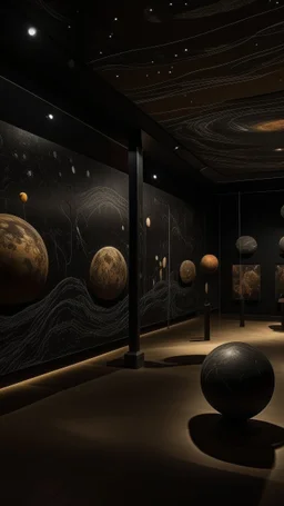 A brownish black space with ESP planets designed in native American petroglyphs painted by Clyfford Still