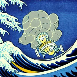 An astronaut floating in space surrounded by a halo of glowing jellyfish, done in the style of Hokusai's The Great Wave off Kanagawa