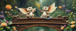 sacred geometry embroidered patterns, two totally symmetric fluffy angel gremlin slug nice cheerleader singing on ornate carved bridge in garden , full body portrait T-pose strong aura, oil painting and air brush, in swing, water spirits in the air