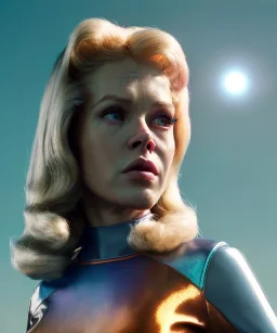 Ultra Realistic retro sci-fi movie, people, classic ovni, 1960 year, waist up view portrait, blonde woman, sweet teenager Jane Fonda face, perfect cyan iris, glow eyes, face makeup, tight latex coat, retro glass helmet, Retro sci-fi style, soft color, highly detailed, unreal engine 5, ray tracing, RTX, lumen lighting, ultra detail, volumetric lighting, 3d, finely drawn, high definition, high resolution.