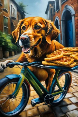oil painting with a dog biking with a pizza