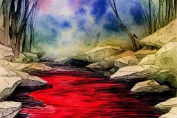 The red hot River Styx leading to hades, Charon, Impressionist brush strokes, high detail, dark dull color, Watercolor, fine detail, high quality, masterpiece,