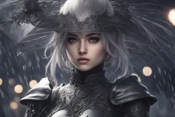 Beautiful girl in 8k nier automata artstyle, hollow knight them, hollow knight Custom, close picture, rain, fantasy world, intricate details, highly detailed, high details, detailed portrait, masterpiece,ultra detailed, ultra quality