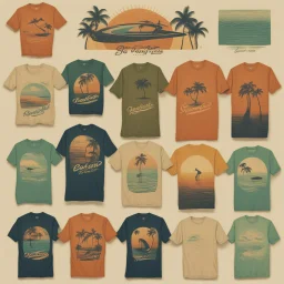 Design a t-shirt that embodies the spirit of retro surf culture. Use vintage-inspired surfboard designs, palm trees, sunsets, and beach scenes to create a design that reflects the laid-back and carefree vibes of the surfing scene in the '60s and '70s., perfect composition, beautiful detailed intricate insanely detailed octane render trending on artstation, 8 k artistic photography, photorealistic concept art, soft natural volumetric cinematic perfect light, chiaroscuro